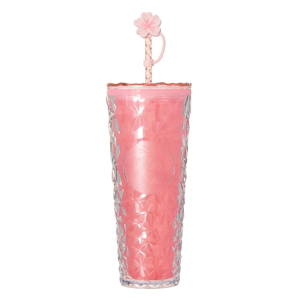 Starbucks Japan SAKURA Shine Brightly 2026 collection merchandise. Limited edition series featuring glitter pink stainless bottles, Stanley collaboration tumblers in pink gradient, and color-changing cups. The design theme highlights vivid spring colors, metallic gold accents, and bright cherry blossom patterns.