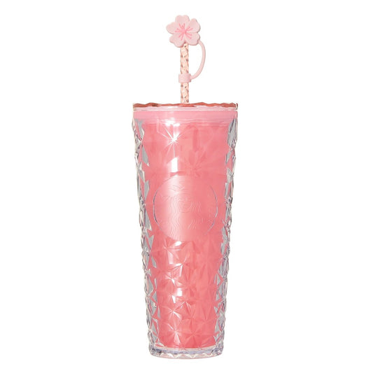 Starbucks Japan SAKURA Shine Brightly 2026 collection merchandise. Limited edition series featuring glitter pink stainless bottles, Stanley collaboration tumblers in pink gradient, and color-changing cups. The design theme highlights vivid spring colors, metallic gold accents, and bright cherry blossom patterns.